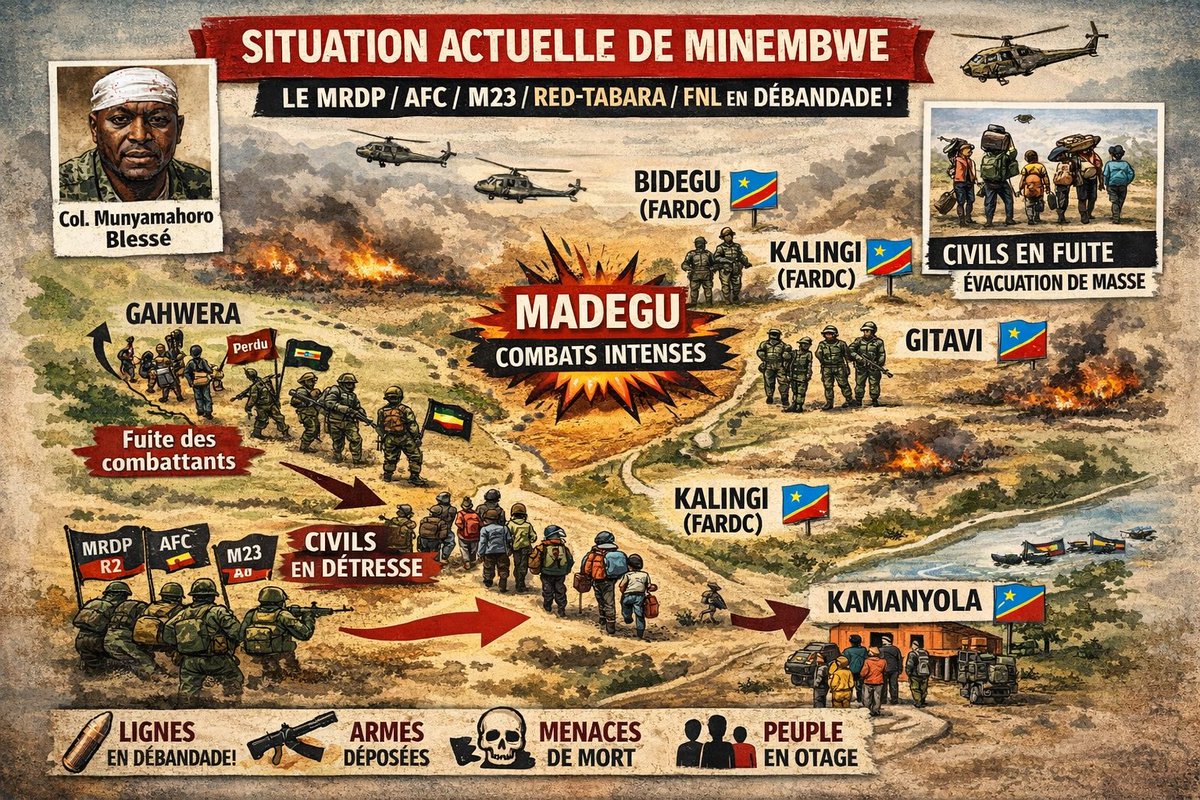 MINEMBWE — LA RÉALITÉ DU TERRAIN SE DURCIT 🇨🇩
Les signaux venus du terrain sont lourds.
Très lourds.
Selon des sources locales Banyamulenge recoupées, la situation militaire autour de Madegu a brutalement basculé ces dernières heures.
📍 Positions en mouvement :
— FARDC signalées