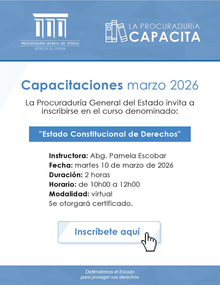 La Procuraduría Capacita | La Procuraduría General del Estado invita a la comunidad jurídica ⚖️ y ciudadanía en general, al curso "Estado Constitucional de Derechos".

Inscríbete aquí:
forms.office.com/r/0Q2QbGLFyS?o…