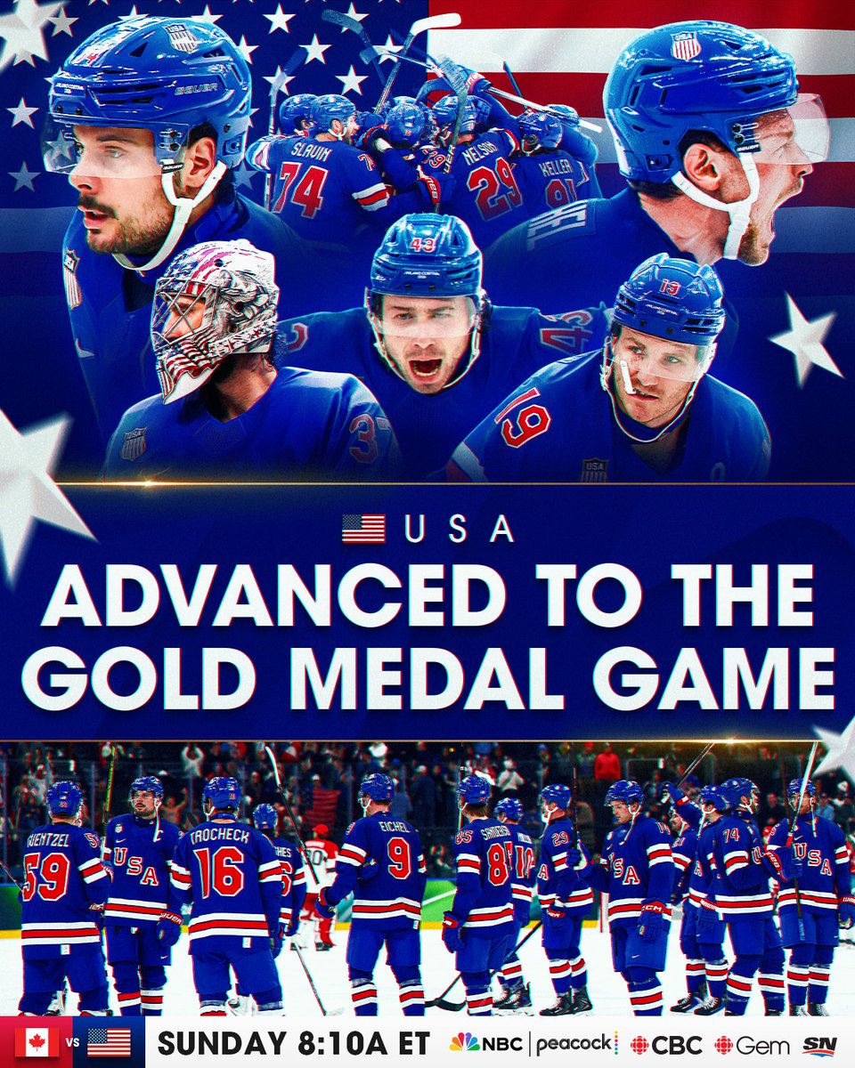 USA TO PLAY FOR GOLD! 🇺🇸

The Americans will face Canada in the gold medal game at the #MilanoCortina2026 #WinterOlympics SUNDAY at 8:10a ET on <a href="/NBCSports/">NBC Sports</a>, <a href="/peacock/">Peacock</a>, <a href="/cbcsports/">CBC Sports</a>, <a href="/cbcgem/">CBC Gem</a>, &amp; <a href="/Sportsnet/">Sportsnet</a>!