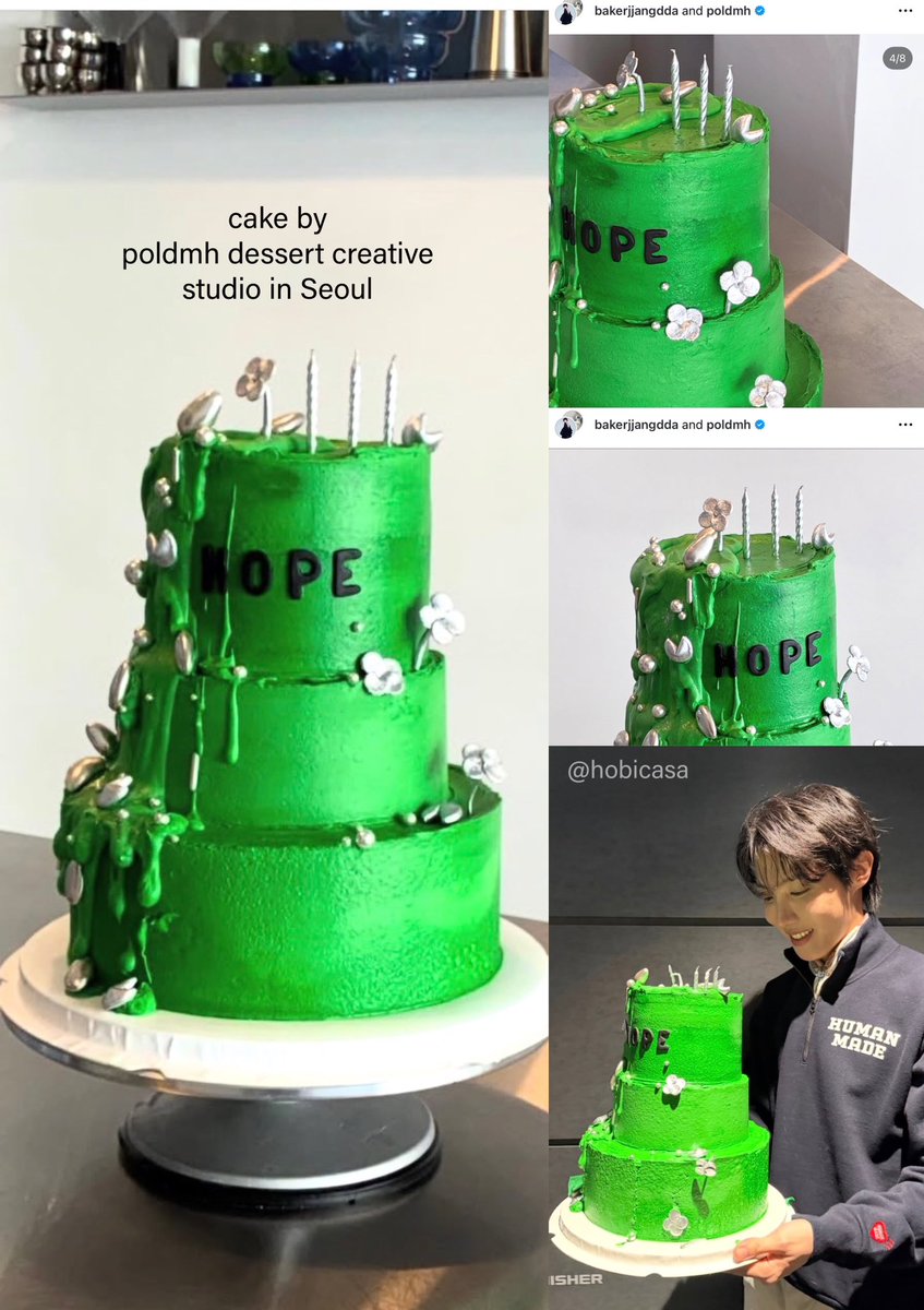 “Gathered all the hopes” cake makes sense!! 🥹💚 ☘️ That’s what Visual Baker / Dessert Director Jjangdda of poldmh called the cake she made for j-hope. It’s minimalistic yet the details speak loudly. Here’s my personal analysis of the cake: 
💚Green - the ultimate colour of HOPE,