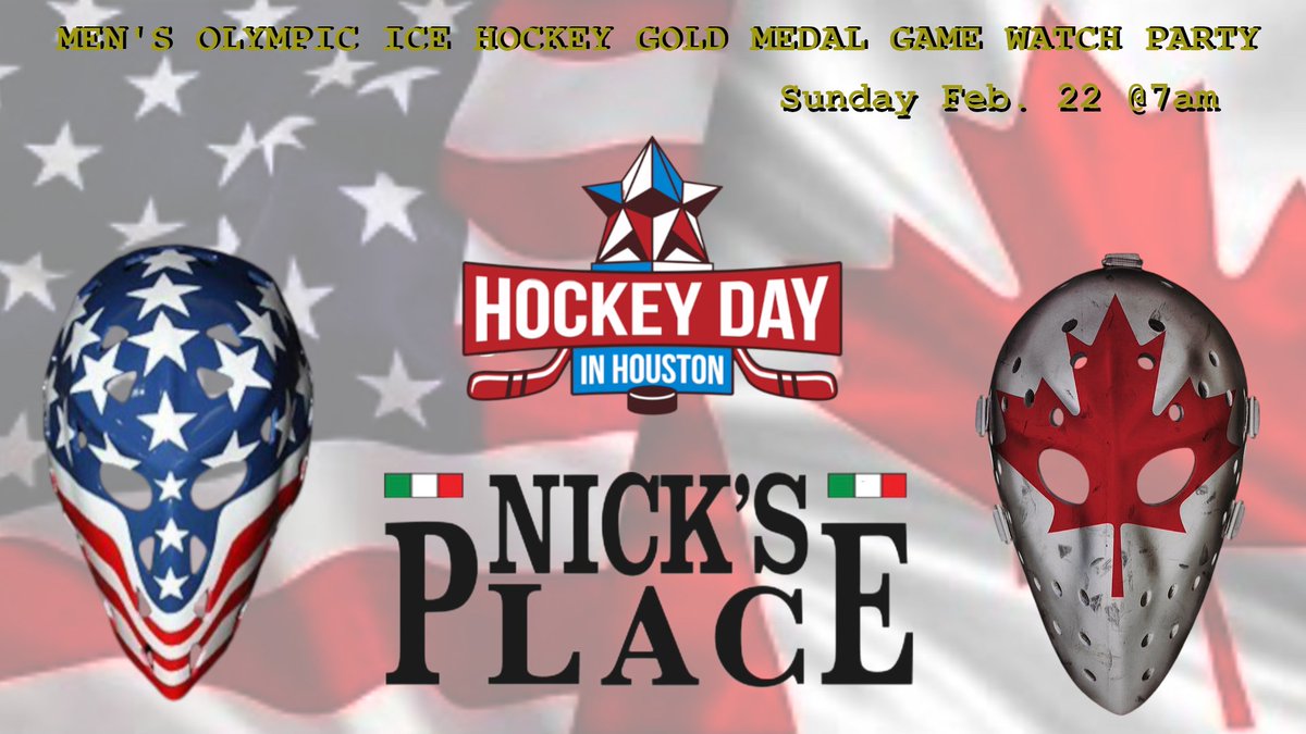 Houston hockey fans!  Join us this Sunday, February 22nd at 7am at <a href="/NicksPlaceHou/">Nick's Place</a> for the <a href="/Olympics/">The Olympic Games</a> Men's Ice Hockey Gold Medal game as <a href="/usahockey/">USA Hockey</a> takes on <a href="/HockeyCanada/">Hockey Canada</a> !

If you remember last year's <a href="/NHL/">NHL</a> 4 Nations Cup, you will not want to miss this game!

Come out and show