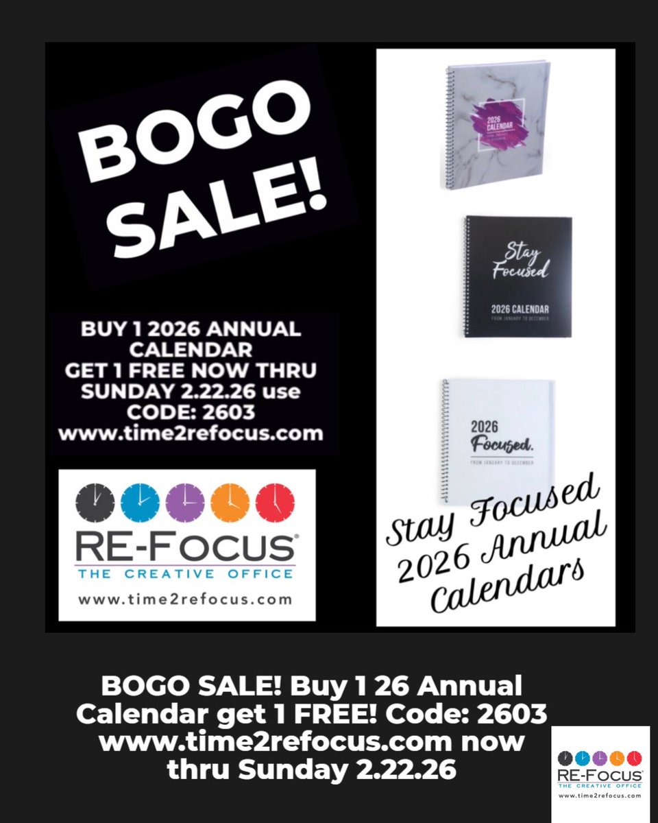 time2refocusnow's tweet photo. BOGO SALE 🚨 Buy 1 2026 Annual Calendar, get 1 FREE! Now -Sunday 2.22.26 use CODE: 2603 at https://t.co/TJVM4xAe5u. Calendars designed for ADHD mind &amp; visual planners #bogo #bogocalendardeal #calendaraddict #calendar #planner #refocus Code: 2603 https://t.co/TJVM4xAe5u https://t.co/0ZLdfZlD3r