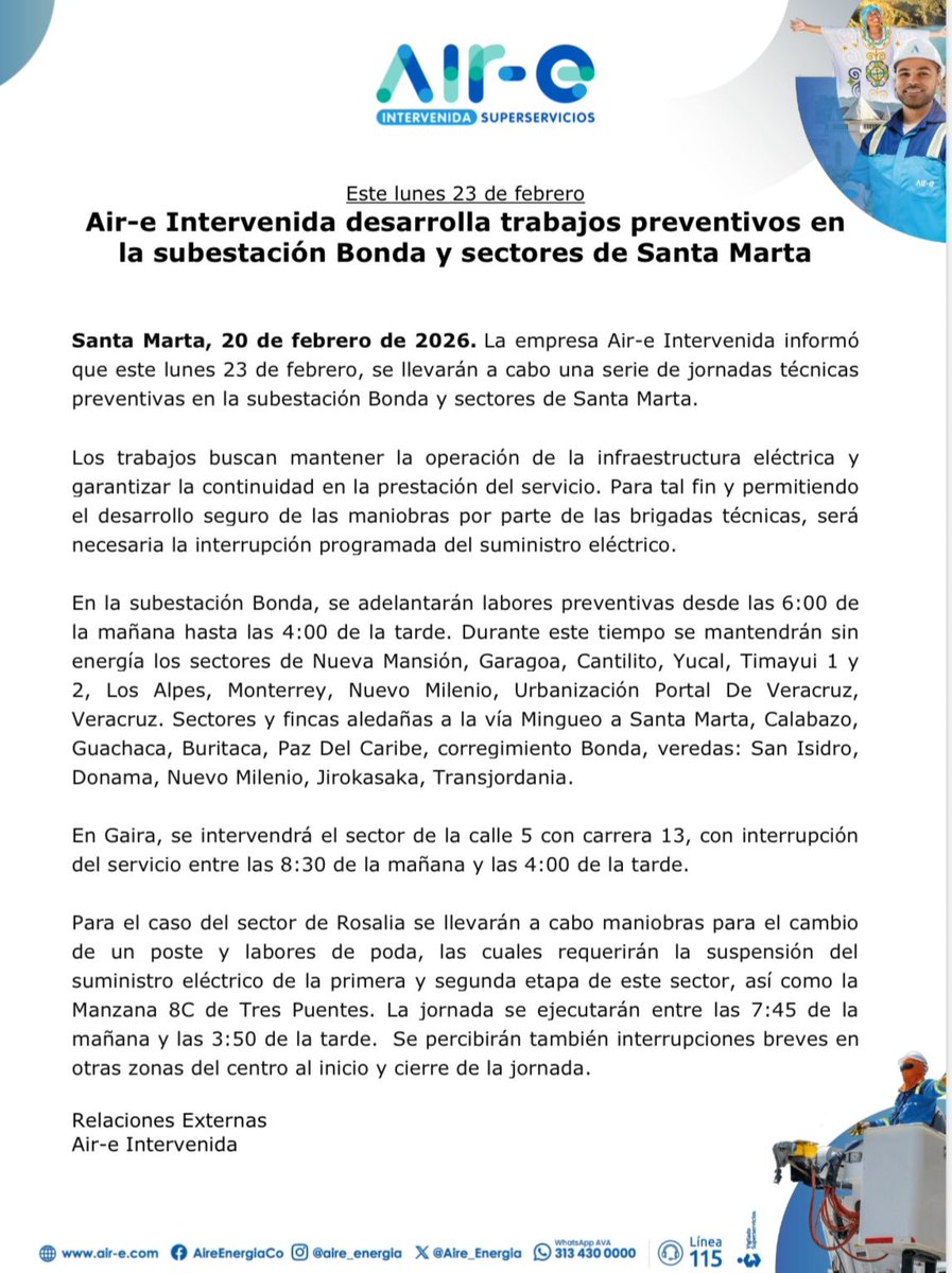 Aire_Energia's tweet image. #MejorasProgramadas en #Magdalena 🌀
Este lunes 23 de febrero realizaremos mantenimientos preventivos en #SantaMarta para seguir mejorando la prestación del servicio eléctrico ⚡️
Conoce la programación aquí 👉 f.mtr.cool/rstkndxvtp
¡Seguimos trabajando para construir la energía