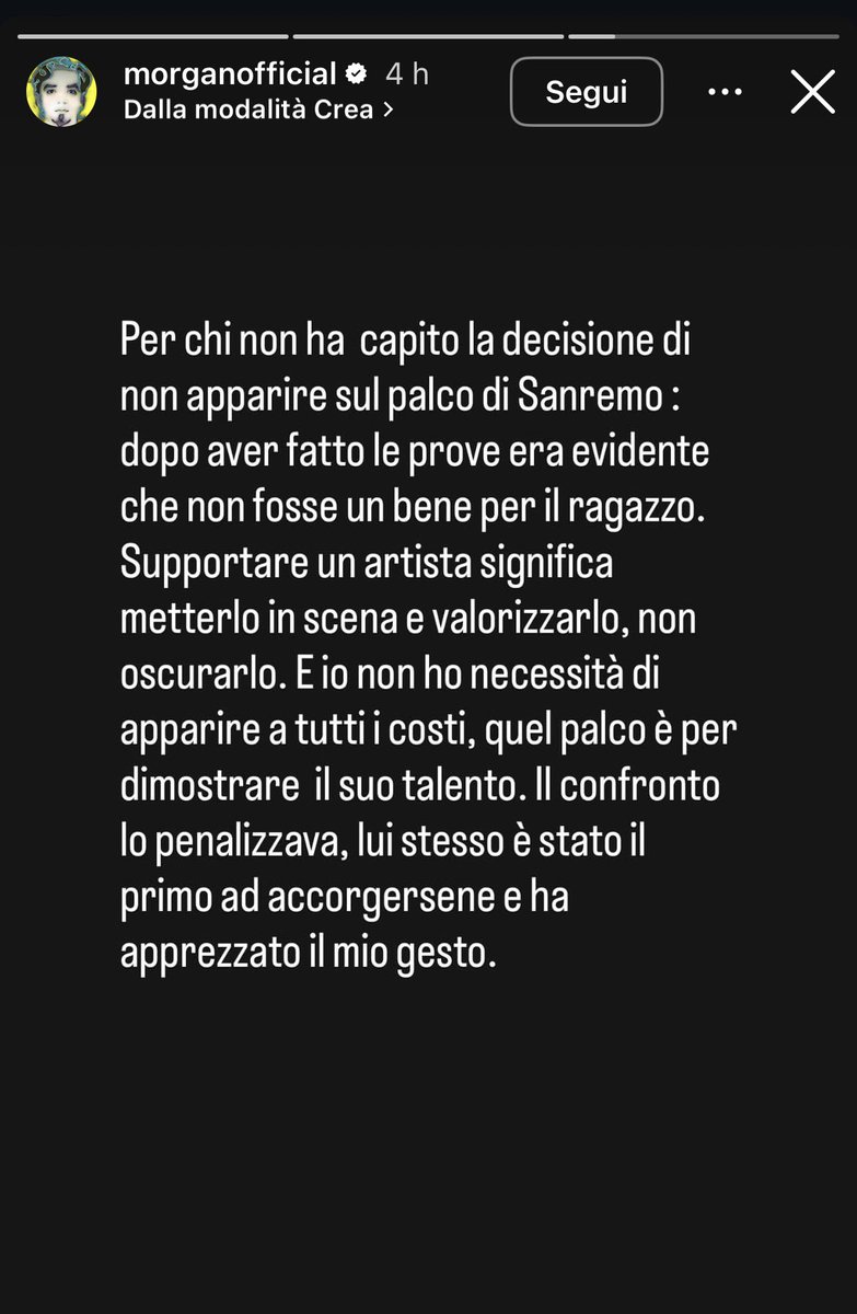 Un quarto dell’autostima di Morgan a ciascuno di noi e saremmo tutti a posto. #sanremo2026