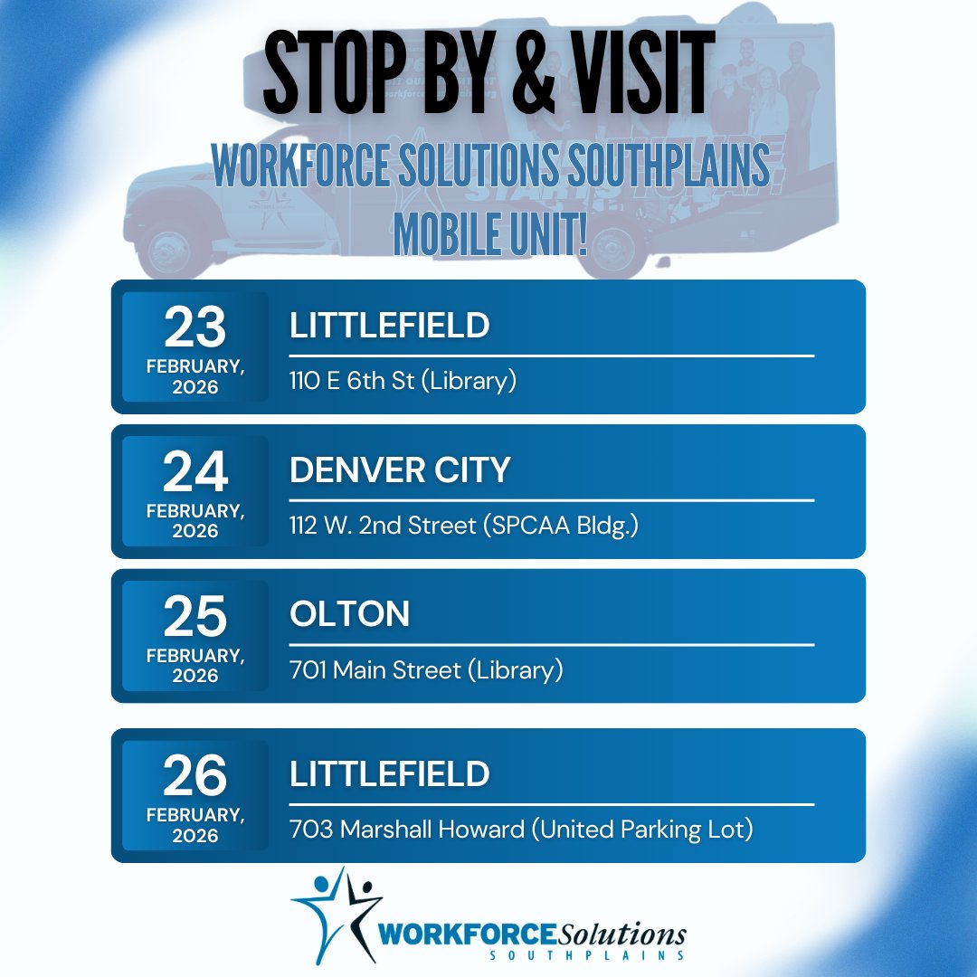 The Workforce Solutions South Plains Mobile Unit is here to help with personalized support, right in your area that will help you succeed in your job search. #WorkforceSolutionsSouthPlains #MobileUnit #CareerHelp #JobSearch #SouthPlainsCareers