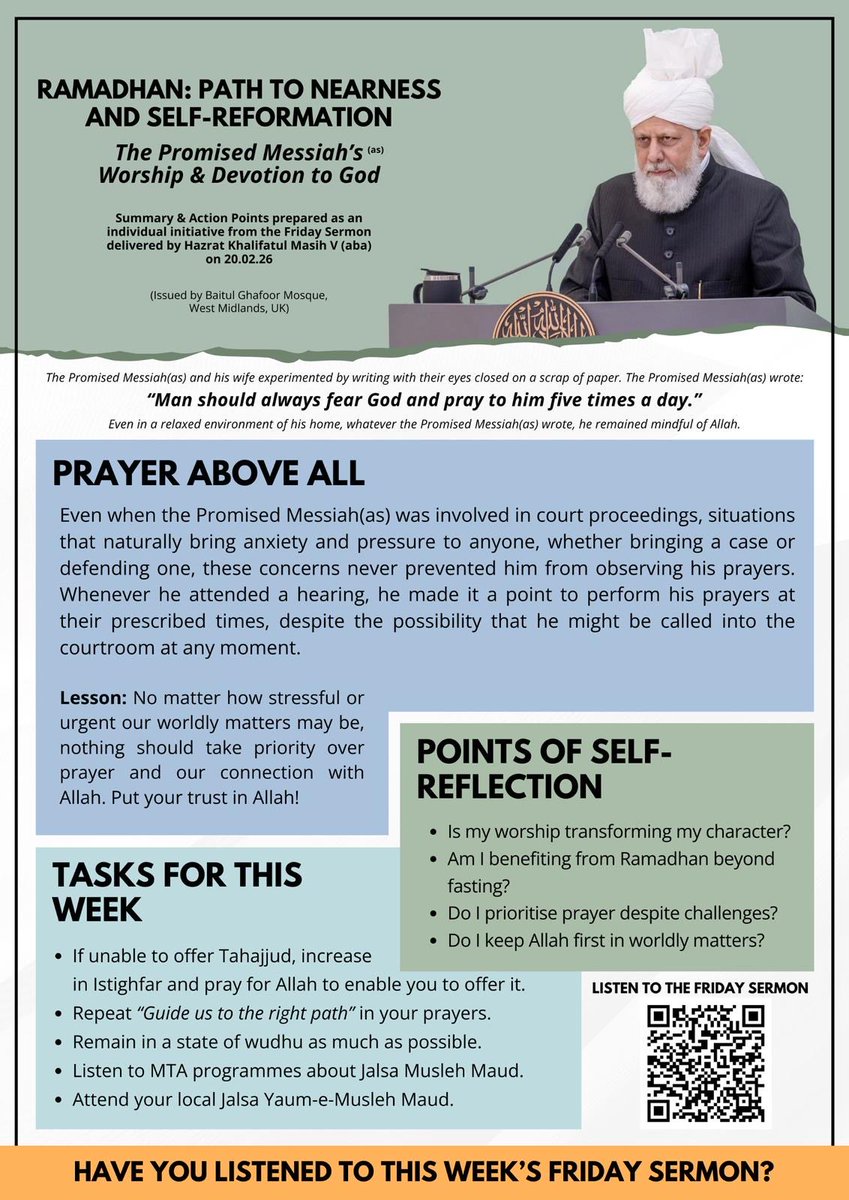 TheJazibMehmood's tweet photo. Friday Sermon 20 February 2026

Ramadan: Path to nearness and self-reformation

Summary 👇 https://t.co/QRW6Q4Ubrq