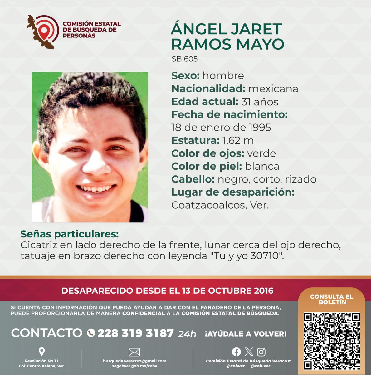 cebver's tweet image. Solicitamos su colaboración para localizar al C. Ángel Jaret Ramos Mayo, desaparecido desde el 13 de octubre de 2016, cualquier información contactar al número y/o correo que aparecen al margen de este boletín.
#Coatzacoalcos #Minatitlán #Cosoleacaque