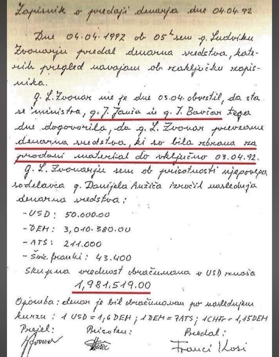 Tole kroži po spletu, predaja denarja za Janšo in Bavčarja, če je dokument pravi, je to dokaz o poneverbi milijonskih vrednosti za preprodajo orožja in številka, verjetno ena od mnogih poslov osamosvojiteljev za svoj žep. Ti bi sedaj vladali? Lopovi in lažnivci, jim boste nasedli