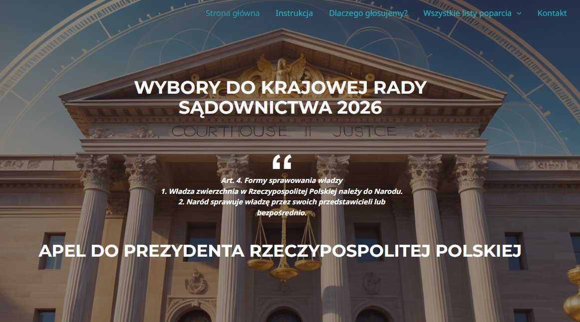 Z uwagi na ogromne zainteresowanie udziałem obywateli w wyborach sędziów do Krajowej Rady Sądownictwa, zainwestowaliśmy 11 zł (+ trochę czasu) i w ramach inicjatywy obywatelskiej, przygotowaliśmy stronę wyboryKRS2026.pl gdzie poznacie kandydatów, pobierzecie listy poparcia