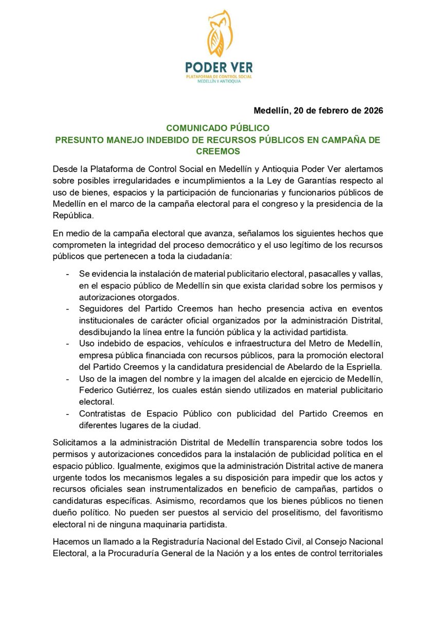 DiegoHD42501510's tweet photo. La Plataforma de control social #PoderVer, alerta a la ciudadanía y autoridades, sobre el uso ilegítimo de recursos y bienes públicos de Medellín, en acciones de campaña de Creemos, el Partido del alcalde Fico, y de la campaña de A. De La Espriella a la presidencia !OJO!🧐 https://t.co/qihapZaUO3