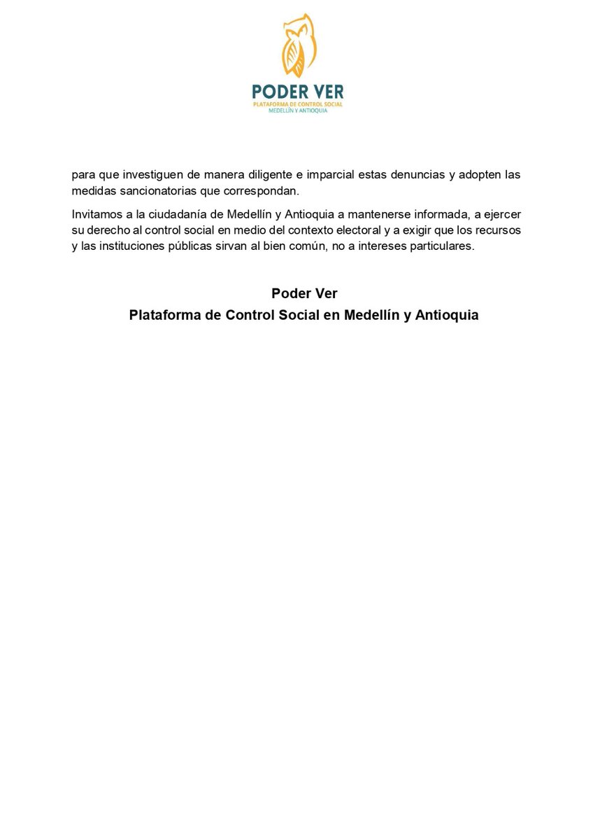DiegoHD42501510's tweet photo. La Plataforma de control social #PoderVer, alerta a la ciudadanía y autoridades, sobre el uso ilegítimo de recursos y bienes públicos de Medellín, en acciones de campaña de Creemos, el Partido del alcalde Fico, y de la campaña de A. De La Espriella a la presidencia !OJO!🧐 https://t.co/qihapZaUO3
