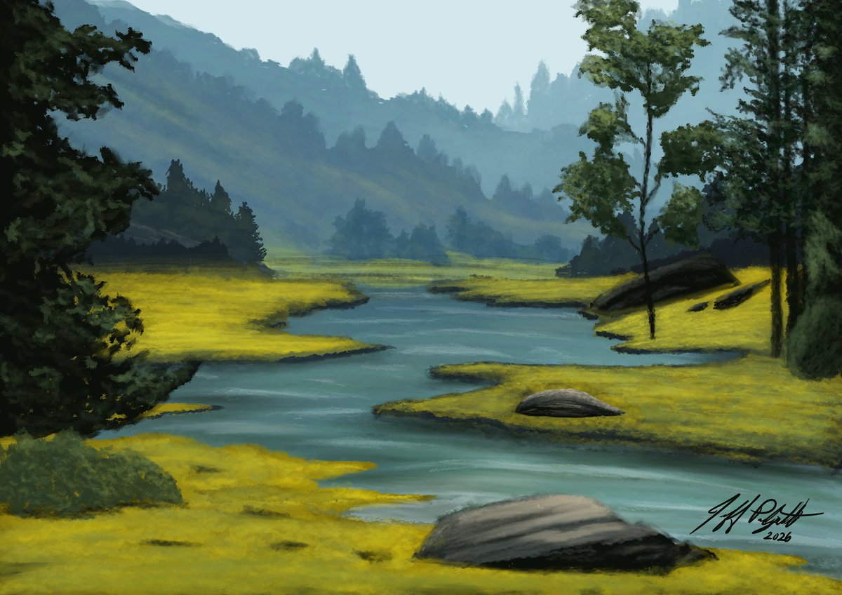 jeffpadgett's tweet photo. A quiet river winds its way through sunlit meadows, carving a gentle path between rolling hills and shadowed trees. Soft morning light spills across golden grass, while distant blue ridgelines fade into a peaceful haze. https://t.co/unDZB0odfJ