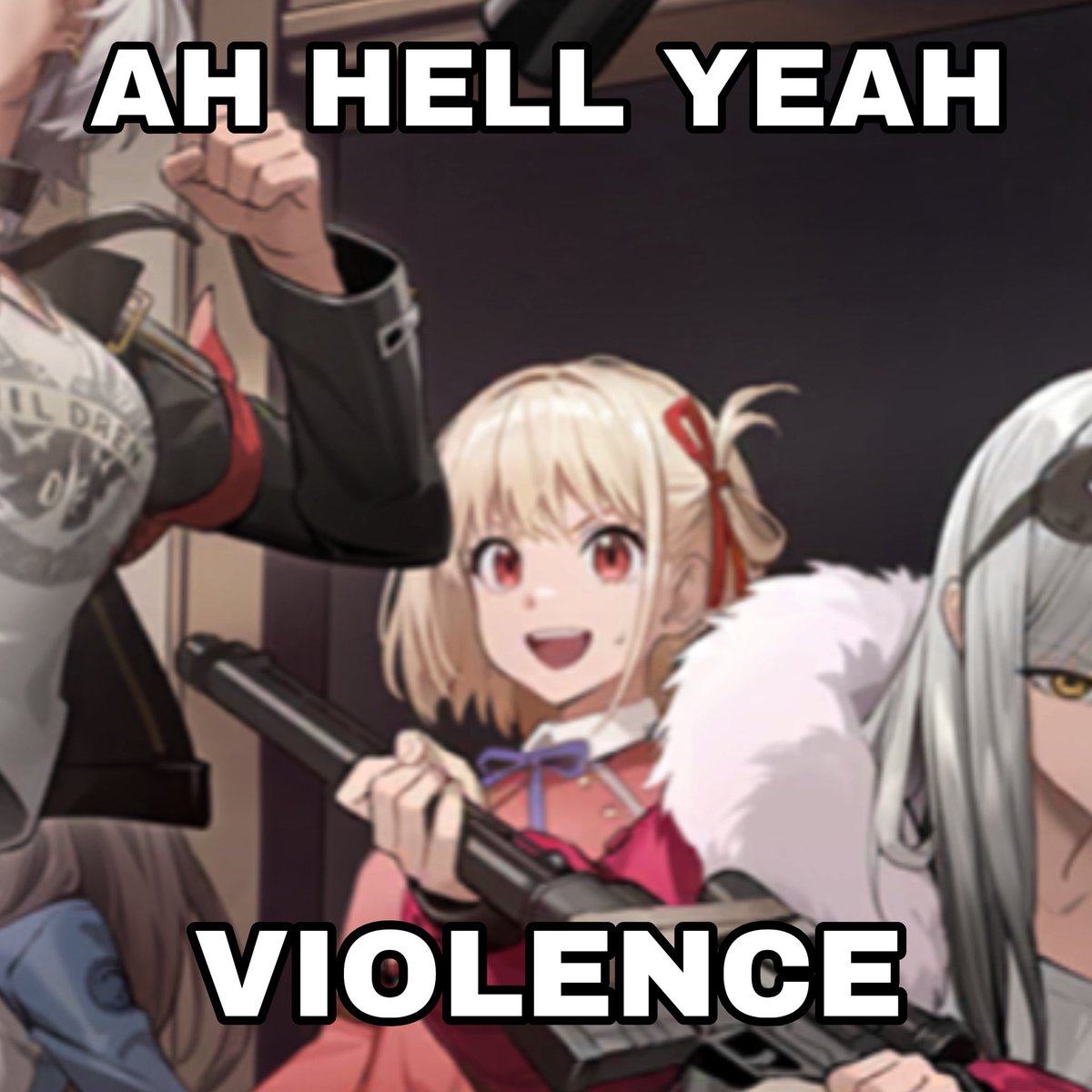 Chisato: “Don’t hurt the kids!”

Also Chisato after watching a 500 pound cyborg kick a 10 year old through the ceiling: