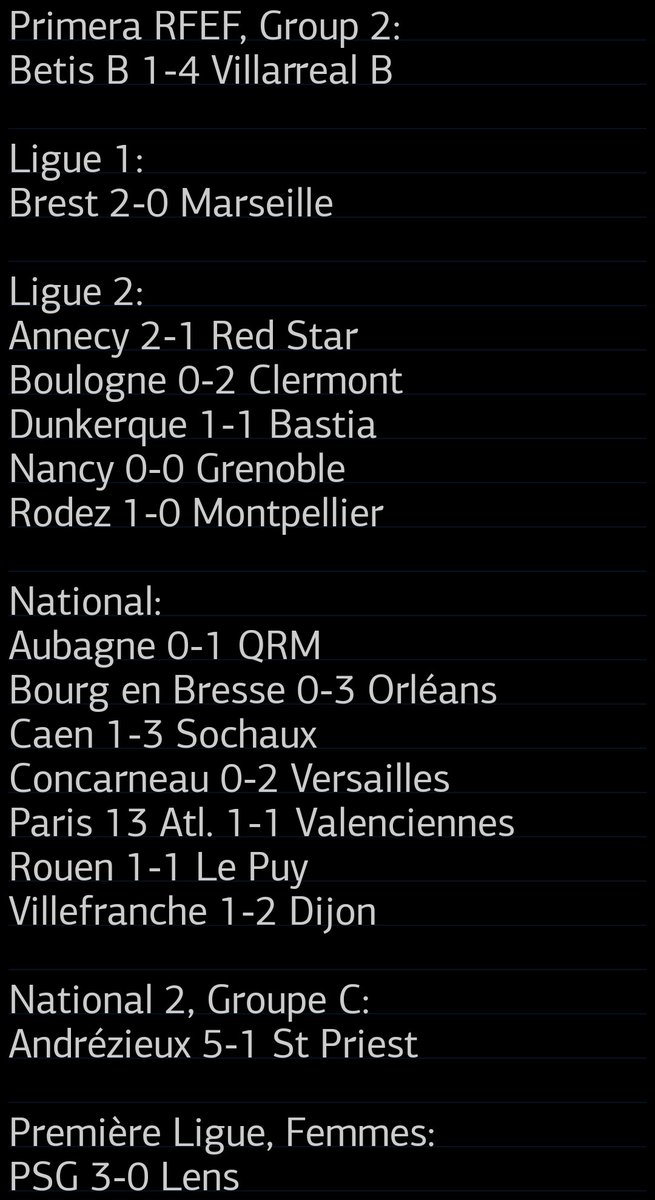 TrisInfoFoot's tweet photo. Les résultats foot de ce Vendredi 20 février: #NationalFFF #SMCFCSM #Ligue2BKT #USLDASC #RAFMHSC #USBCCF69 #ASNLGF38 #Bundesliga #Ligue1McDonalds #SB29OM #SerieA #SASHEL #PSGRCL #LaLiga #Championship https://t.co/Dsfd5ZVUfx
