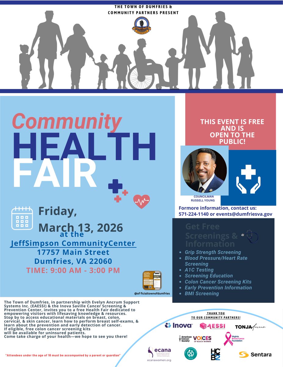 🏥 FREE Community Health Fair in Dumfries!

Free health screenings, cancer prevention resources, A1C testing, blood pressure checks, BMI screening, and wellness information. Take a step toward better health and early detection.
📅 March 13 | 9 AM–3 PM
📍 Jeff Simpson Comm. Center