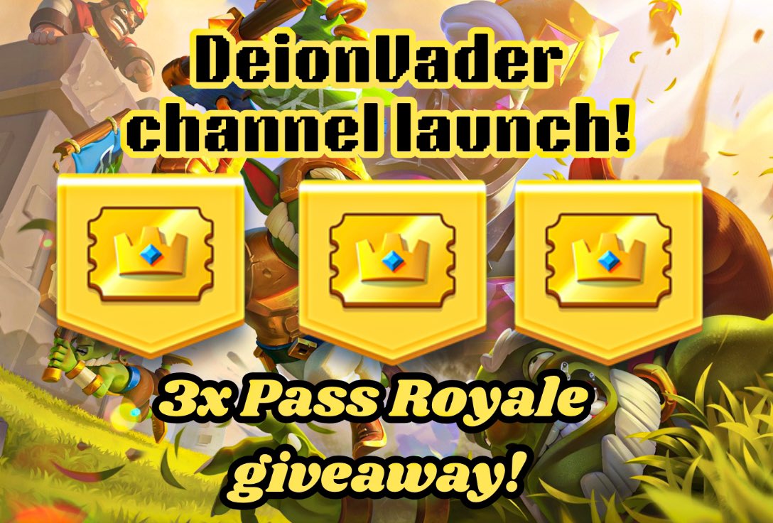 Clash Royale REVIVAL giveaway! 🎉

Also the launch of my YT channel 💪

Giving away 3 passes! 

To enter:
✅ like post 
✅ follow 
✅ retweet
✅ Tag 2 friends
✅Subscribe to my NEW YouTube channel
youtu.be/9Be625WovBA?si…  

Winners announced in 72h, good luck everyone!

#cr