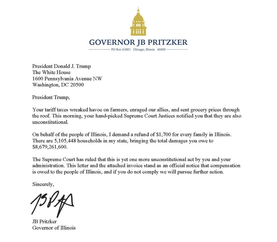 LOVE THIS. Pritzker sent Trump a $8.6B invoice demanding a $1,700 refund per family for the people of Illinois after Trump's tariffs were ruled unconstitutional.

This is how you hold criminal grifters accountable. 🔥
