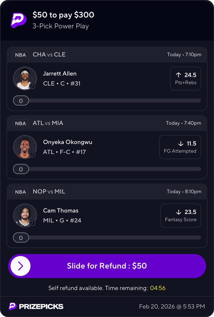 daily_gamble's tweet photo. 🏀NBA Friday Picks🏀
#NBAX  #Prizepicks #FanDuel #NCAA #DraftKings #DFS #NFL #PrizePicksNBA #DSG ♻️ 
3️⃣ Pick PrizePicks #NBA
Jarrett Allen ⬆️ 24.5 Pts/Reb
Onyeka Okongwu ⬇️ 11.5 FG Attempts
Cam Thomas ⬇️ 23.5 Fantasy

https://t.co/8nLvjCwhcV https://t.co/f94B2MzxvA