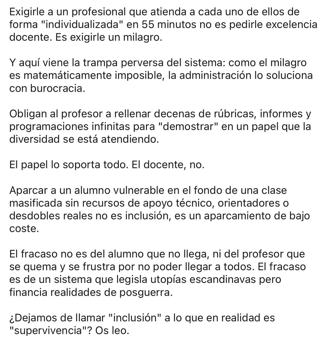 La gran mentira de la atención a la diversidad. Como bien dice, el papel lo aguanta todo, pero la realidad va por otro lado.