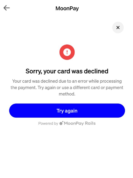 AdamSmi50430462's tweet photo. @moonpay  what's the solution to this? Tried thousand of times, the card gets blocked https://t.co/W1TUFnQ92p