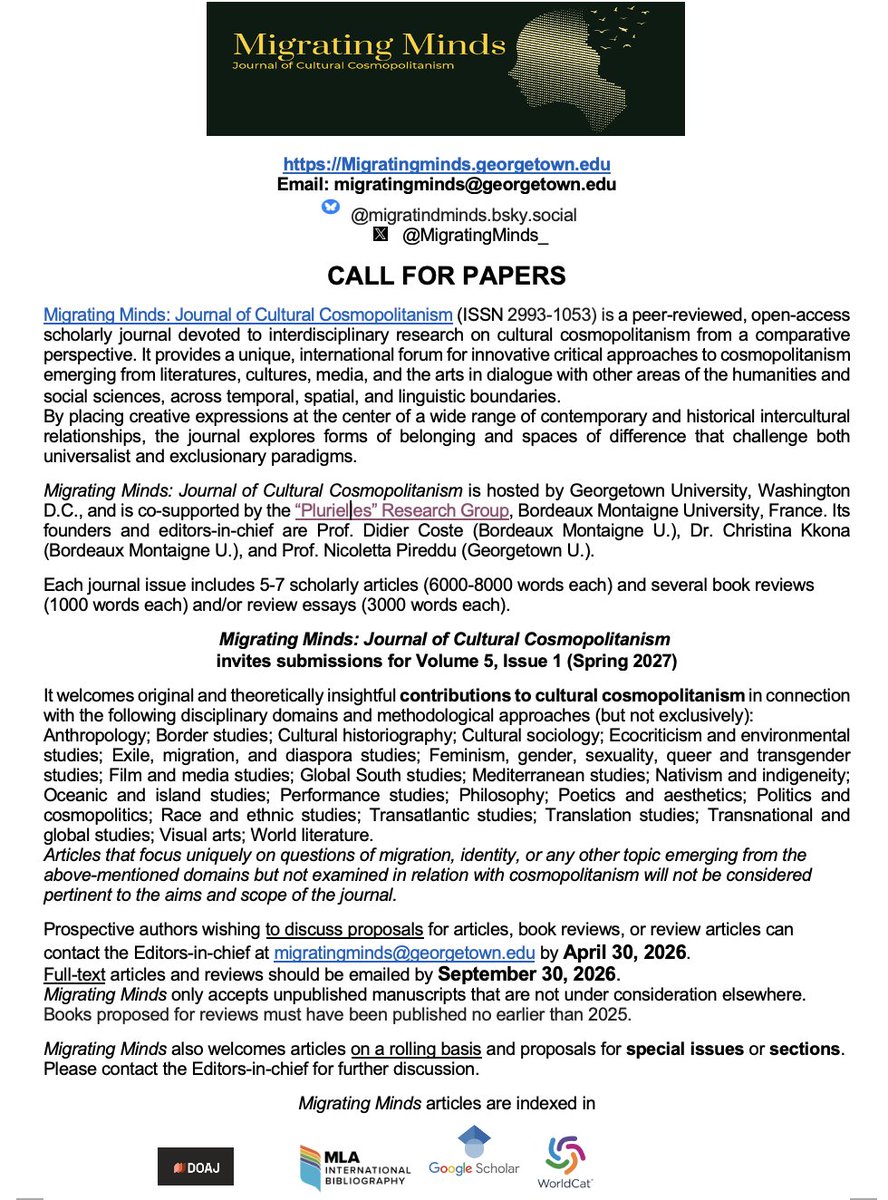 MigratingMinds_'s tweet photo. _Migrating Minds: Journal of Cultural Cosmopolitanism_ invites submissions for Vol. 5, Issue 1 (Spring 2027). Deadlines for proposals: April 30, 2026; for complete articles &amp; reviews: September 30, 2026.
https://t.co/LOX3XIrdFL
#cosmopolitanism #comparativeliterature #humanities https://t.co/TSi9S4keMj