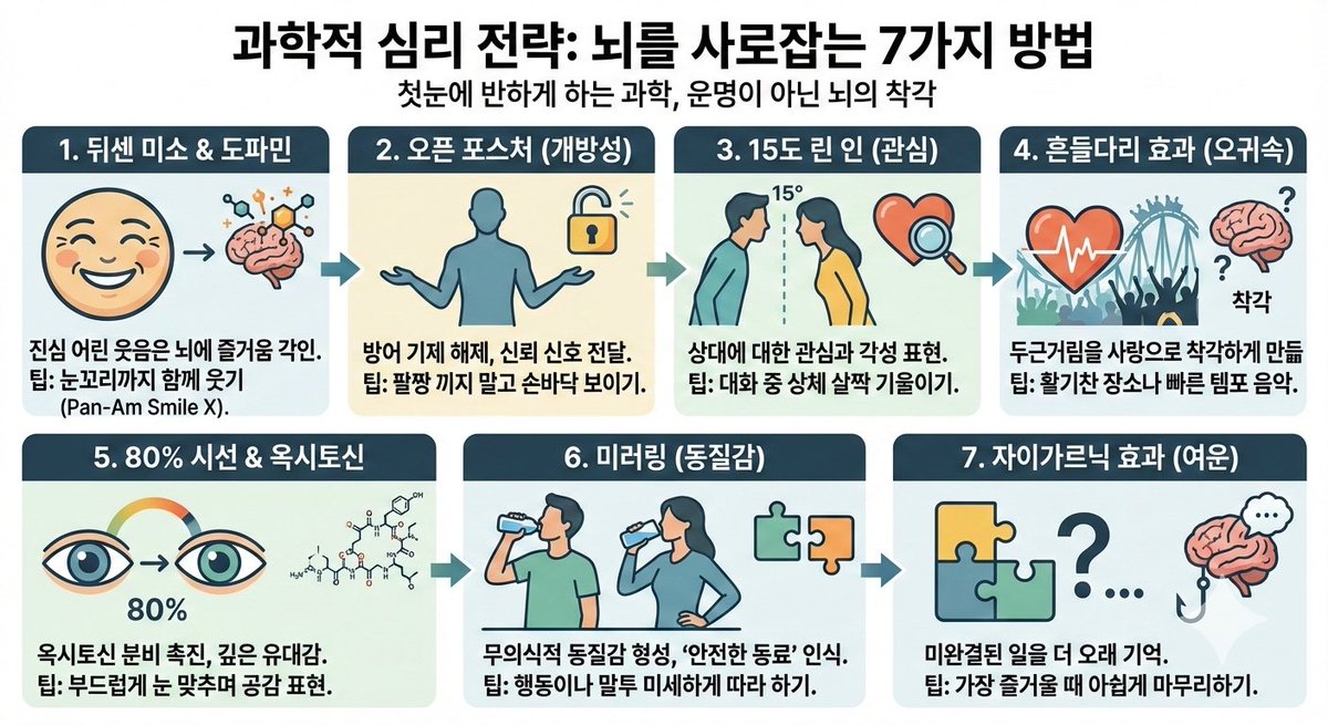 pattern_walker's tweet image. [첨 보는 이성을 첫눈에 반하게 만드는 7가지 과학적 전략]

누군가에게 첫눈에 반하는 순간, 우리는 그것을 '운명'이라고 부르곤 합니다. 하지만 심리학과 뇌과학의 관점에서 보면, 첫눈에 반하는 현상은 상대의 뇌가 보내는 특정 신호에 나의 뇌가 즉각적으로 반응한 결과에 가깝습니다.

단순한