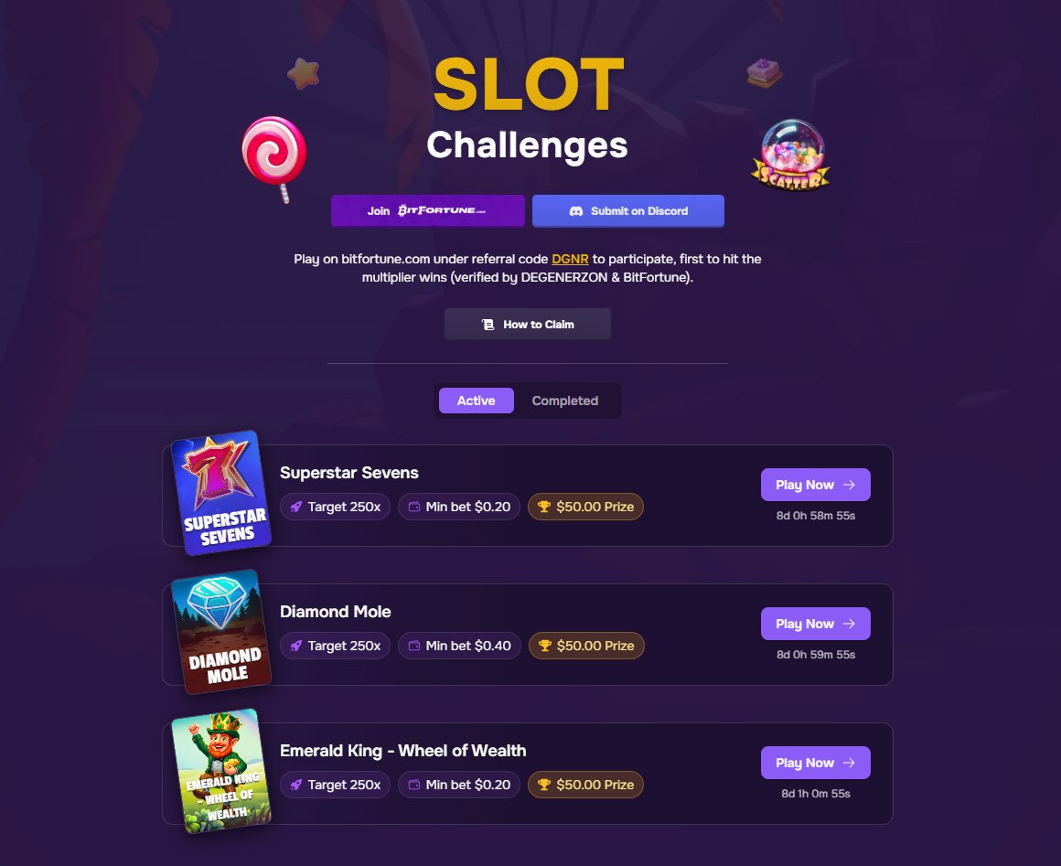 🎰 SLOT CHALLENGES LAUNCHED!

Hit the multipliers, claim the bounty. 
Only for <a href="/bitfortune/">BITFORTUNE</a> users under code DGNR!

Go go go!

degenrewards.vip