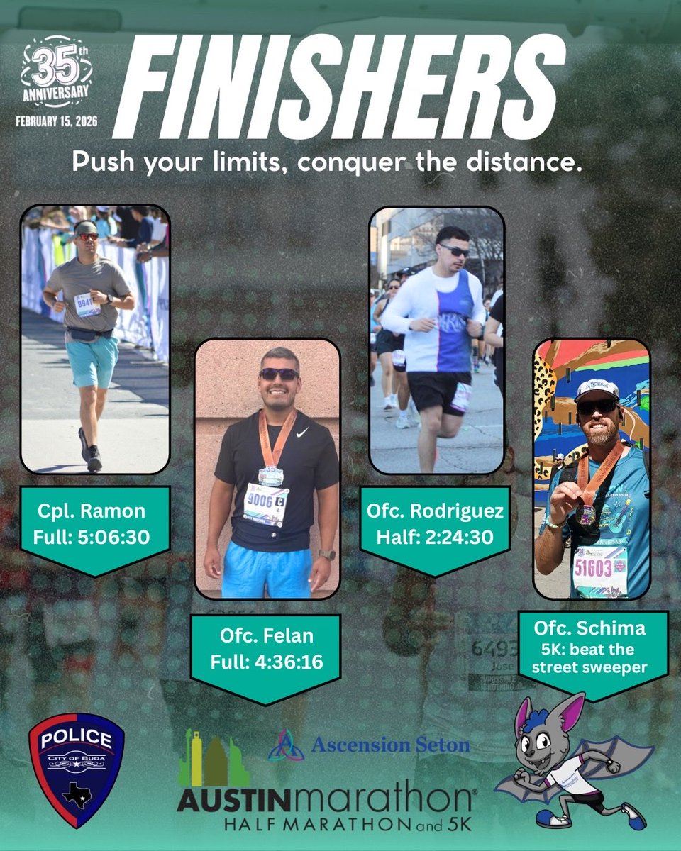 🏃‍♀️They did it!👟

This past Sunday, four of our officers took part in the <a href="/AscensionSeton/">Ascension Seton</a>  Austin Marathon and ended with some great times in all three events. 

Who is joining us next year?

#badguysdontrun #stillrecovering #servicebeforeself #behindthebadge #RunAustin