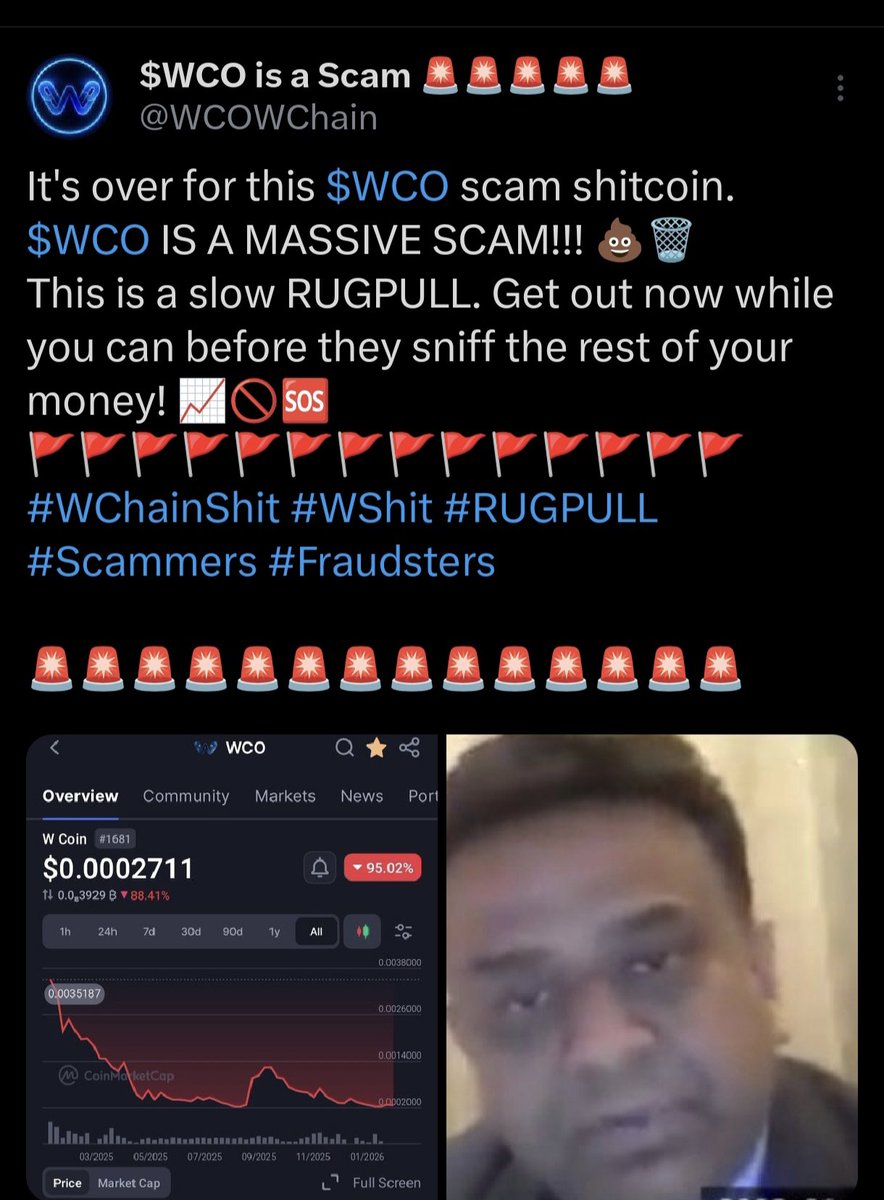 <a href="/333Xrp/">XRP OG 333</a> <a href="/Anish_tweeets/">Anish</a> <a href="/winitylife/">Winity.Life</a> <a href="/WChainNetwork/">W Chain</a> <a href="/WadzPay/">WadzPay</a> It's over for this $WCO scam shitcoin. 
$WCO IS A MASSIVE SCAM!!! 💩🗑️
This is a slow RUGPULL. Get out now while you can before they sniff the rest of your money!..📈🚫🆘
🚩🚩🚩🚩🚩🚩🚩🚩🚩🚩🚩🚩🚩🚩
#WChainShit #WShit #RUGPULL

🚨🚨🚨🚨🚨🚨🚨🚨🚨🚨🚨🚨🚨🚨