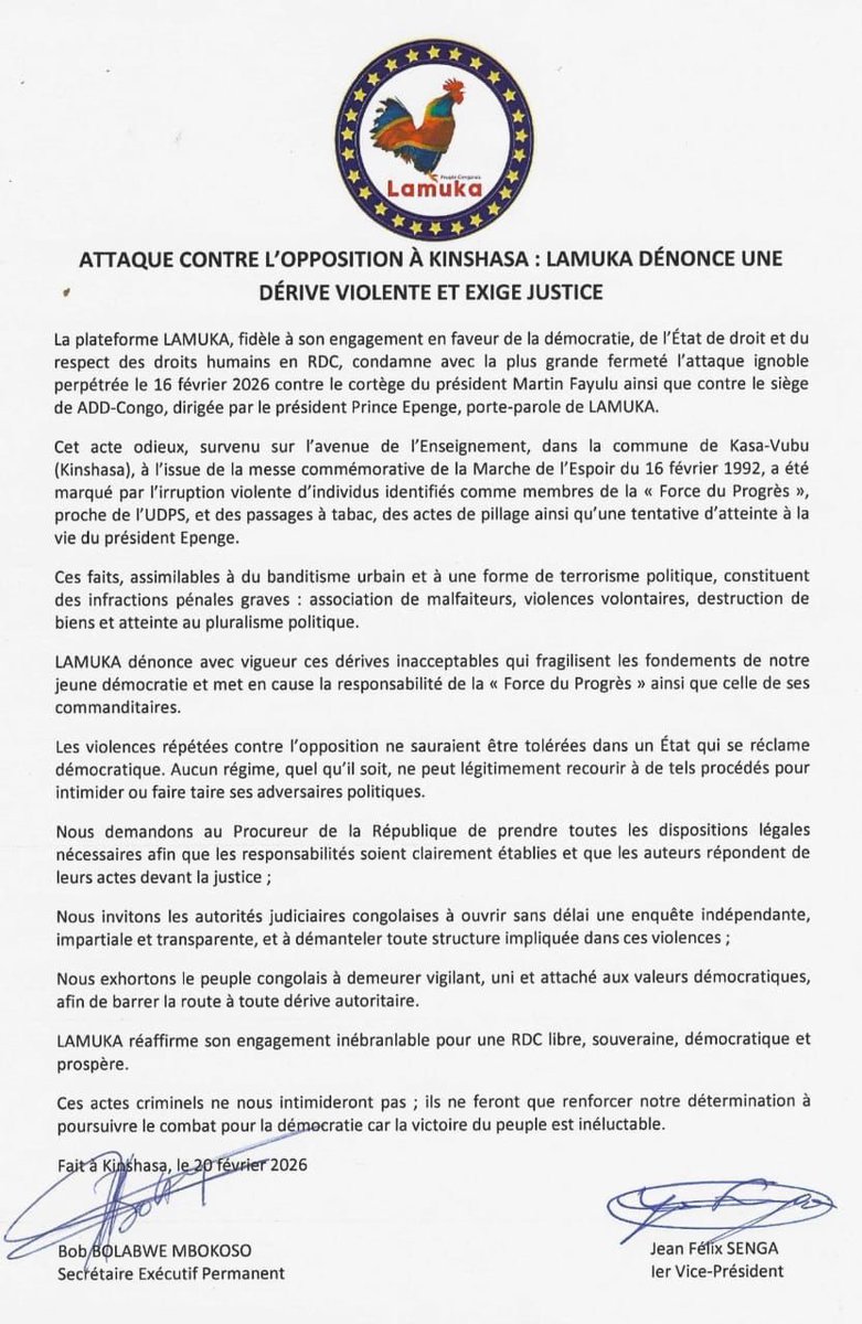 Rdcongo🇨🇩_____: attaque du cortège de l'opposant et candidat plusieurs fois malheureux aux élections présidentielles Matin Fayulu Madidi, LAMUKA condamne 

« La plateforme LAMUKA, fidèle à son engagement en faveur de la démocratie, de l'État de droit et du respect des droits