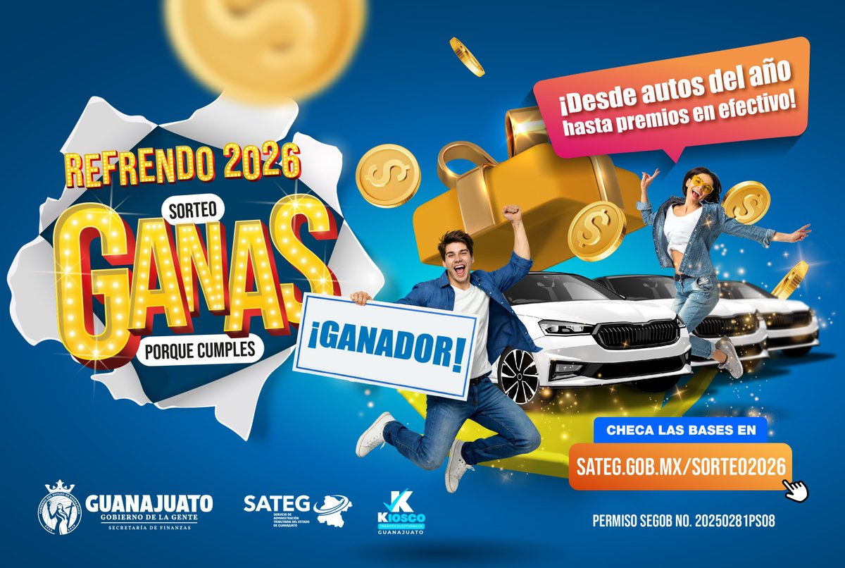 ¡Gana autos de último modelo y premios en efectivo! 🚘💰
Porque cumplir con SATEG sí tiene recompensa.

Paga tu refrendo 2026 antes del 31 de marzo y participa en el sorteo GANAS PORQUE CUMPLES.
👉 Revisa todos los detalles en sateg.gob.mx/sorteo2026 
<a href="/sategente/">SATEG</a>