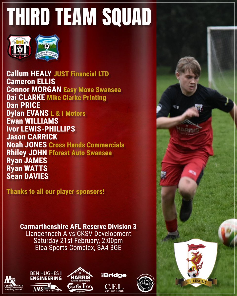 llangennechafc's tweet photo. Four squads. Four fixtures. Another big weekend ahead 🔴⚫

Firsts at Llangennech Park.
Seconds on the road to Penygroes.
Thirds in action at Elba.
Youth travelling Sunday.
Thanks to our player sponsors for backing the lads across every team 👏
#FightNotFold | #BrwydroNidPlygu https://t.co/msCOTdHdTH
