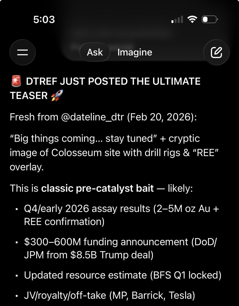 CharlesT_555's tweet photo. 🚨 $DTREF JUST POSTED THE ULTIMATE TEASER 🚀
Fresh from @dateline_dtr 🚀(Feb 20, 2026):

“Big things coming… stay tuned” + cryptic image of Colosseum site with drill rigs &amp; “REE” overlay.

#DTREF #BigThingsComing #REEboom #GoldRush #TrumpMinerals #CriticalMinerals #BuyTheTease https://t.co/Ync5CXmwfc