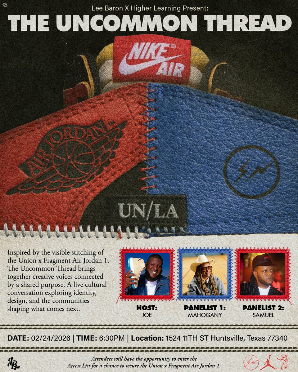 leebaron2's tweet photo. The Uncommon Thread brings the Union x Fragment Air Jordan 1 High OG story to life through culture and conversation. Join host Joe Evans from the Thoughts For Your Sole Podcast with panelists Mahogany and Samuel Thompson for an intentional discussion on identity and creativity. https://t.co/kWihDA6J9m