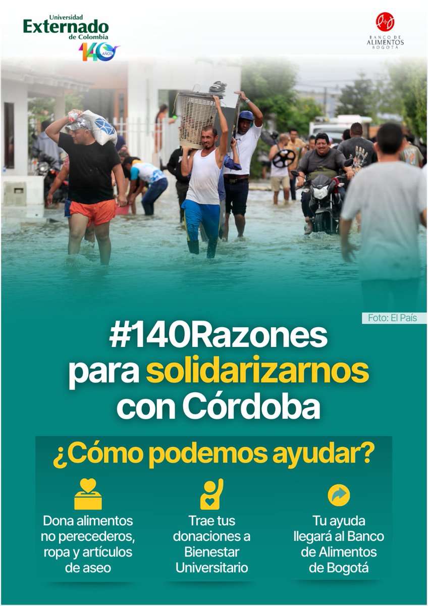 UExternado's tweet photo. Sé solidario con Córdoba. 🫶🏽

Acércate a la recepción del Solar y deja ahí tu donación: alimentos no perecederos, agua, ropa en buen estado o artículos de aseo.

Hoy más que nunca, la solidaridad nos une. Cada aporte cuenta. 🤝🏻
https://t.co/INtCxeINZl https://t.co/JwSvgmwR1j