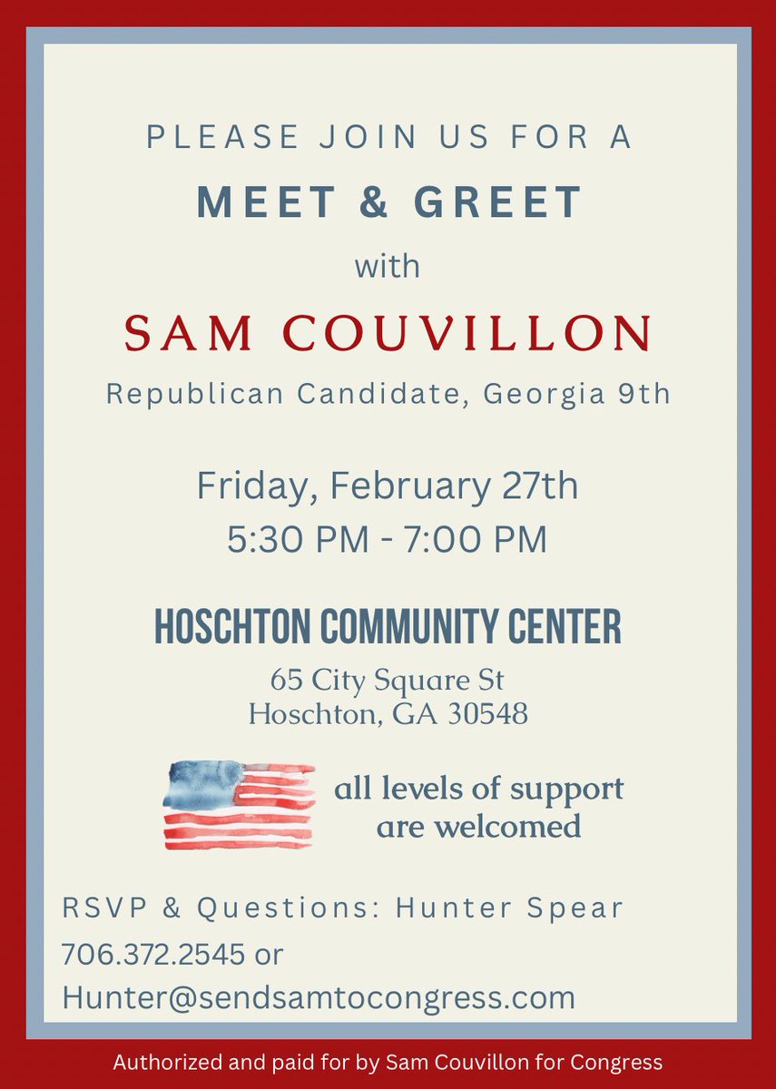 We are one week away from seeing YOU in Hoschton! 

Join us next Friday for a Meet &amp; Greet as we talk about the future of Georgia’s 9th District!