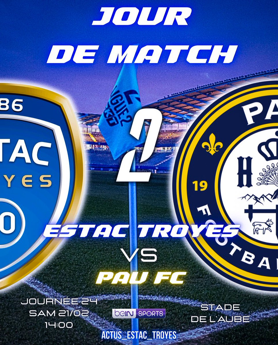 ACTUS_ESTAC_10's tweet photo. 📅 𝐉𝐎𝐔𝐑 𝐃𝐄 𝐌𝐀𝐓𝐂𝐇 !

⚔️ @estac_officiel vs @PauFootballClub 
🏟️ Stade de l'Aube
🕑 14:00
📆 Sam 21/02
🗓️ Journée 24
🏆 @Ligue2BKT 
📺 @beinsports_FR https://t.co/t0GT07cgbO