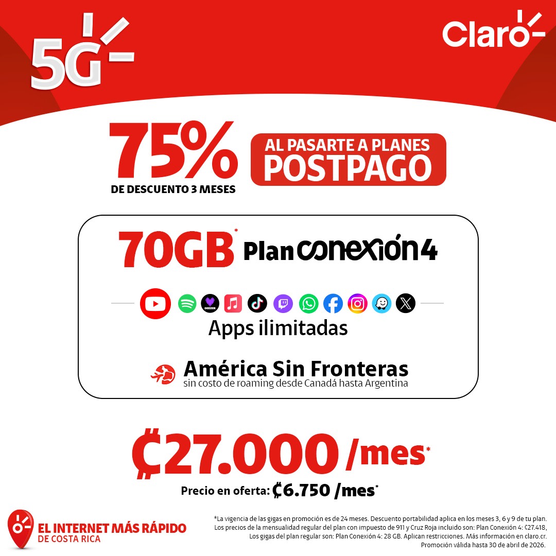 ¡Pasate a un Plan PostPago Claro y disfrutá de beneficios exclusivos! 🚀  
✅ 75% de descuento en las facturas de los meses 3, 6 y 9. 
✅ El doble de Gigas para navegar.
✅ Redes Sociales Ilimitadas y cobertura con América sin Fronteras.