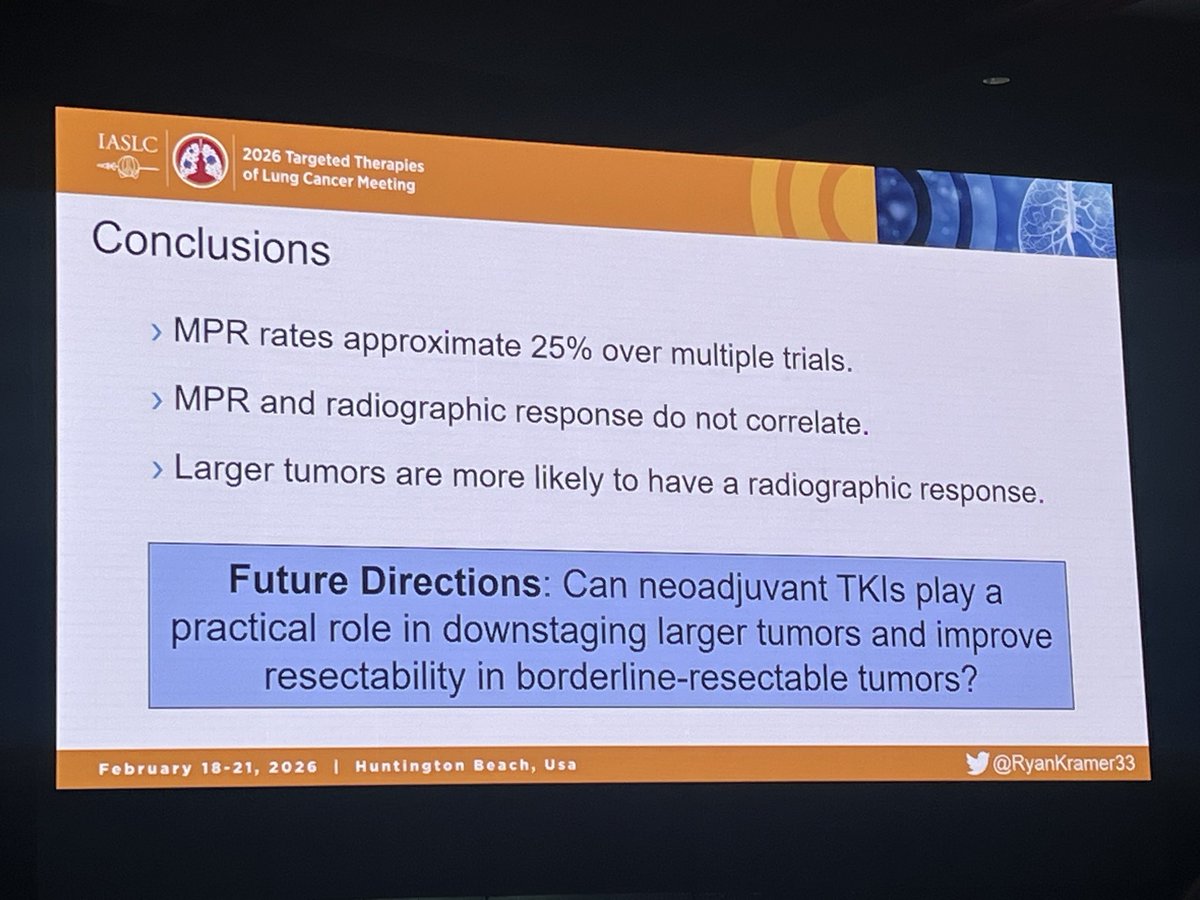 GavittWoodard's tweet photo. Very proud of @RyanKramer33 for an excellent presentation at #TTLC26 of a meta-analysis of neoadjuvant TKI trials. 👏👏👏

🔬MPR rate 25% across neoadj osi studies
⬇️ 80% of cT3 tumors have radiographic responses (enabling 😷🔪)
🩻 radiographic response not associated with MPR https://t.co/y9MIATr6wn