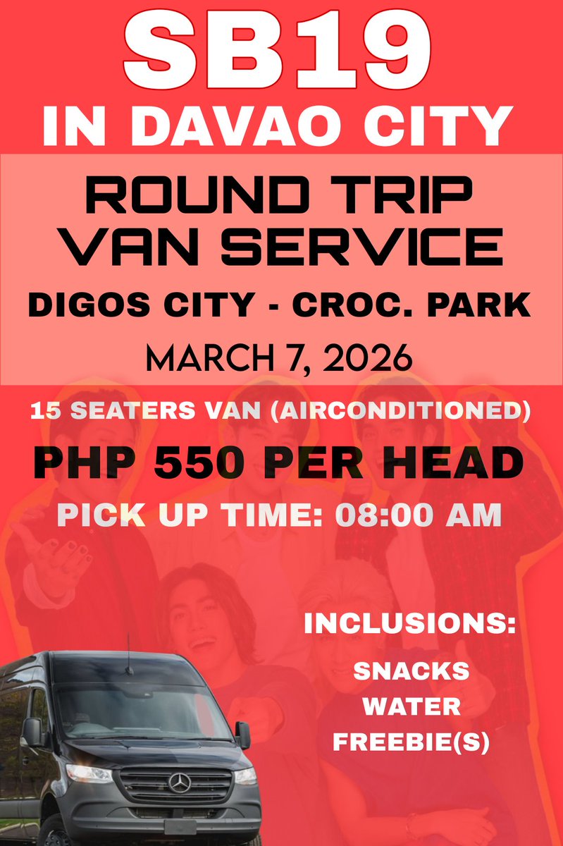 AtinDavSur's tweet photo. Reservation for TM #2geder5everconcert (van service) is now open

📍Digos City - Crocodile Park (Round trip)
📅 MARCH 7, 2026

PM us for reservation.

@SB19Official #SB19
#TMxSB19 https://t.co/1wSPsgrfGS