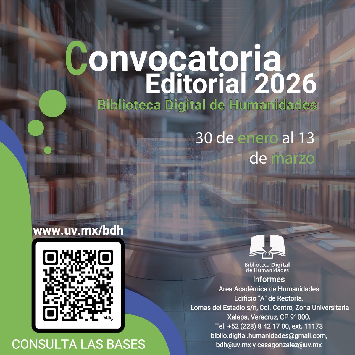 La <a href="/biblioteca_uv/">Biblioteca Digital de Humanidades UV</a> abre su Convocatoria Editorial 2026 para la recepción de originales susceptibles de publicación en la colección digital de acceso abierto, que busquen la generación social del conocimiento.

📆Fecha límite: 13 marzo 2026
🖥Detalles: bit.ly/4asBdhx