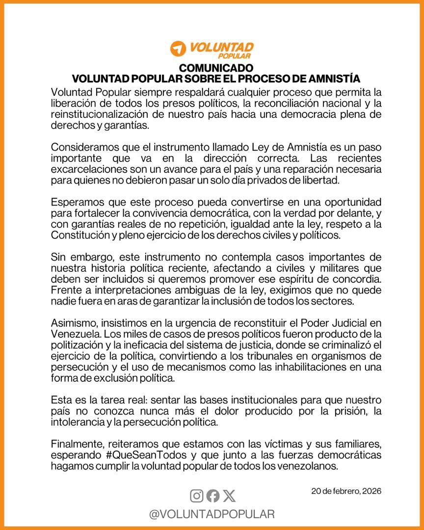 📰Comunicado | Posición de Voluntad Popular sobre el proceso de Amnistía
