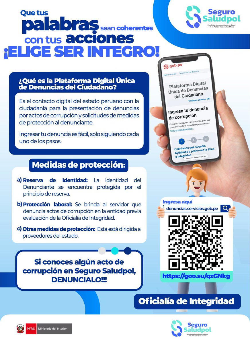 El Estado Peruano pone a tu disposición la Plataforma Digital Única de Denuncias del Ciudadano, donde puedes reportar actos de corrupción y solicitar medidas #segurosaludpol

📸 Escanea el QR y haz tu denuncia de manera segura.

#DenunciaLaCorrupción #SeguroSaludpol