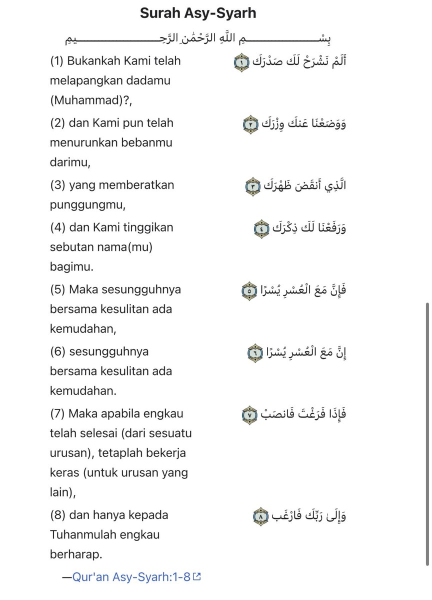 meecin_'s tweet photo. Surat Al-Insyirah ayat 1–8 tentang kelapangan, setiap ayatnya aku suka banget. Kalau dibaca, rasanya seperti Allah lagi ngomong langsung ke hidupku 🤍 https://t.co/R0FB3oz1HH