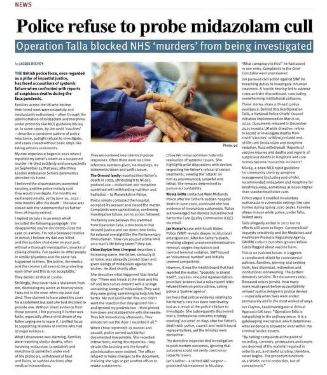 Uk 🇬🇧 🤬⬇️
En 2020, on a annoncé à de nombreuses personnes que leurs proches résidant en EHPAD étaient « décédés du Covid-19 »… En réalité, ils avaient été tués à l’aide de midazolam et de morphine, afin de gonfler artificiellement les statistiques de mortalité liées au