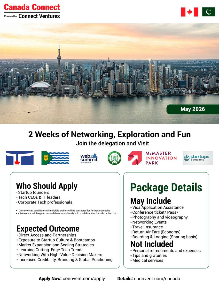 connvent's tweet photo. 🇨🇦 Canada Connect – May 2026 🇵🇰
Inviting startup founders, tech CEOs, and IT leaders to join a curated 2-week delegation to Canada.

Limited seats available. 

Apply Here: https://t.co/dqqVY0hLp4
Program Details: https://t.co/zvcAWVc8dP

#CanadaConnect #WebSummitVancouver https://t.co/PKpmbgvX4F