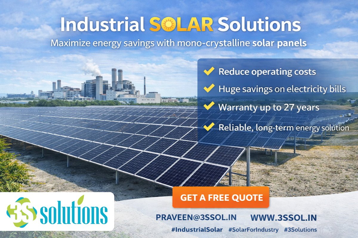 3s_Sol's tweet photo. ⚙️ Industrial Rooftop Solar Solutions ☀️

Reduce power costs and strengthen your operations with high-efficiency mono-crystalline solar panels built for industrial performance

#IndustrialSolar #SolarForIndustry #RooftopSolar #MonoSolarPanels  #SustainableIndustry #3SSolutions https://t.co/AZEheFGqvk