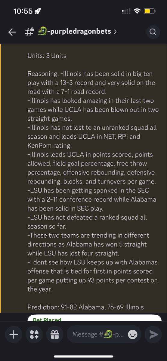 2/21 POTD

POTD⭐️:🏀Alabama ML/Illinois ML (-111) [DraftKings]

Start Time &amp; TV 6:00 &amp; 8:00pm EST (SECN &amp; FOX)

Units: 3 Units

Prediction: 91-82 Alabama, 76-69 Illinois

Best of luck to everyone tailing and remember to bet responsibly!🍀💜🐉

#GamblingX #GamblingTwitter