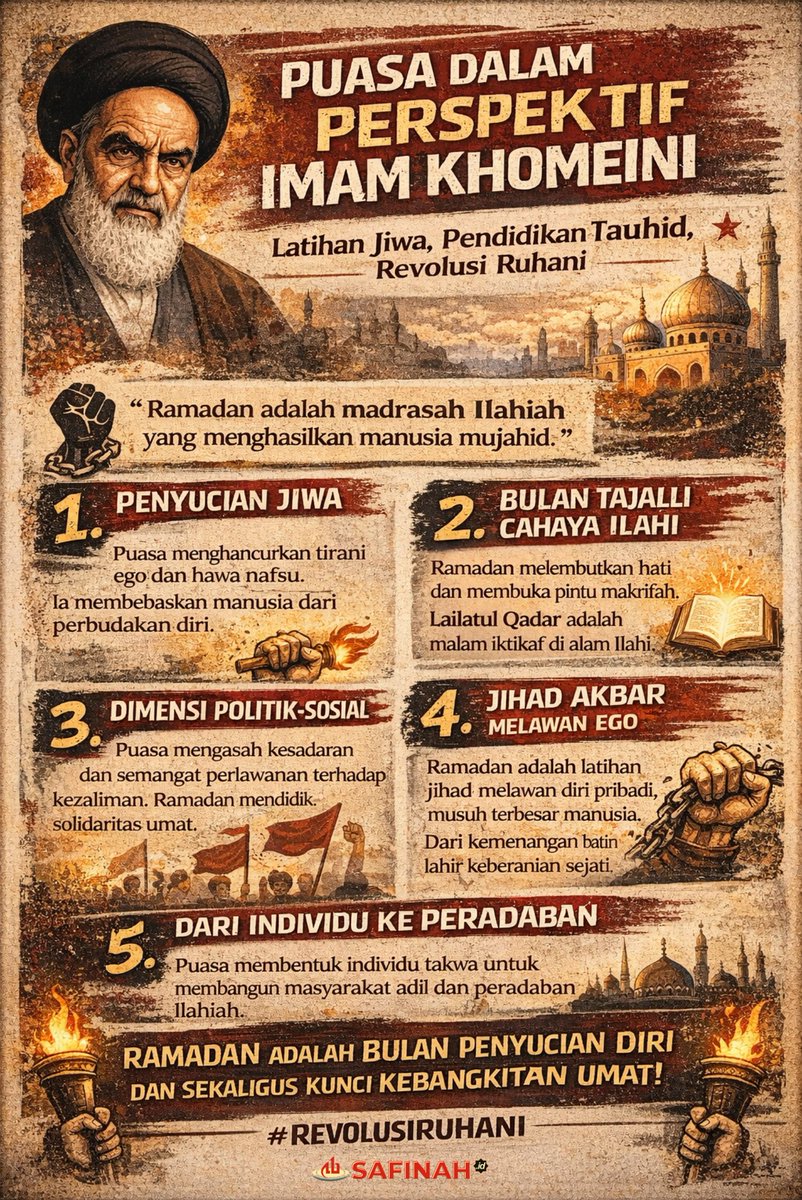 Puasa dalam Perspektif Imam Khomeini

Puasa dalam perspektif Imam Khomeini bukan sekadar menahan lapar, tetapi latihan penyucian jiwa dan jihad melawan ego. Ramadan adalah madrasah Ilahiah yang membentuk manusia mujahid dan membangkitkan kesadaran umat.