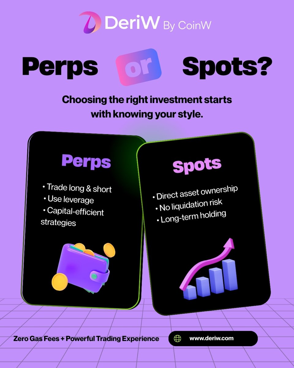 DeriWOfficial's tweet image. Perps or Spot?

Different tools. Different strategies.

📈 Perpetual Futures
• Long &amp;amp; short
• Use leverage
• Capital-efficient trading

💎 Spot
• Own the asset
• No liquidation risk
• Built for long-term holding
Choose based on your strategy — not the hype.

#DeriW #PerpDEX